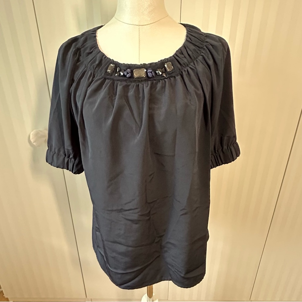 Simply Vera Wang navy blue gathered short sleeve blouse Size S